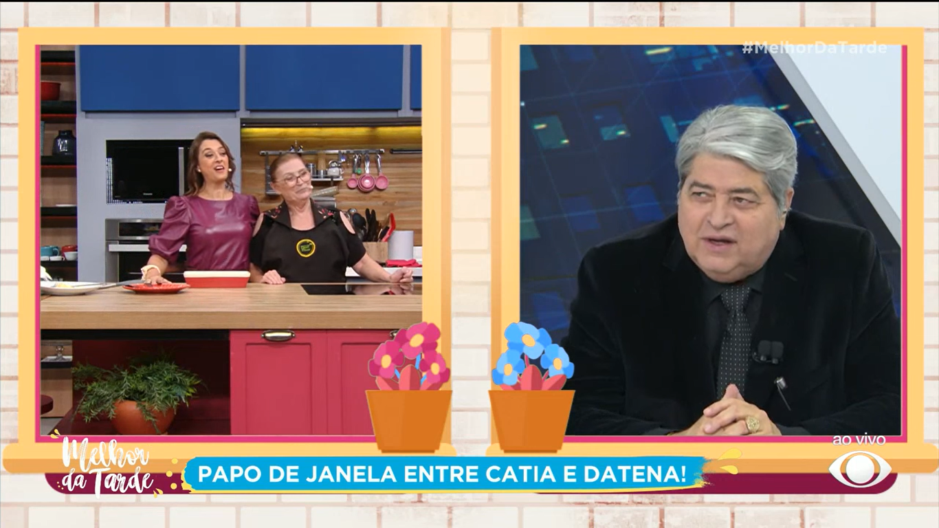 Em resumo, Datena e Catia Fonseca durante papo de janela ao vivo entre o Melhor da Tarde e o Brasil Urgente (Créditos: Reprodução/Band)