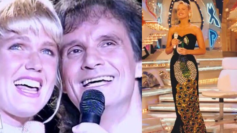 Xuxa e Roberto Carlos cantando ao microfone; Xuxa no palco com roupa preta