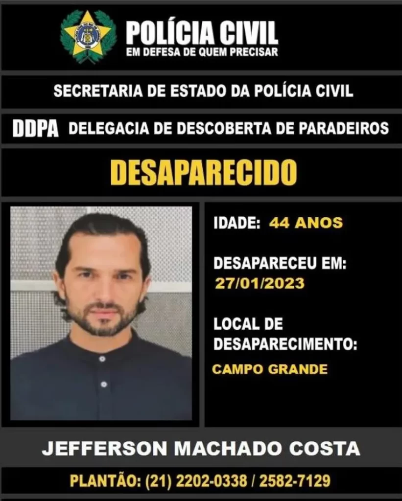 Jeff Machado, desaparecido, qualquer informação entre em contato com a Polícia