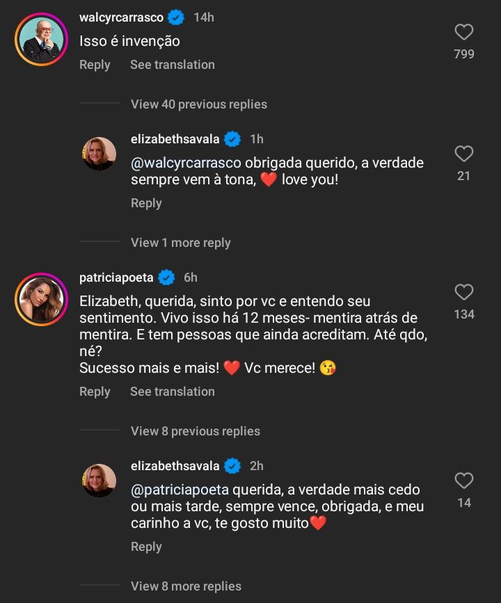 Patrícia Poeta e Walcry Carrasco postaram comentários no perfil de Savalla