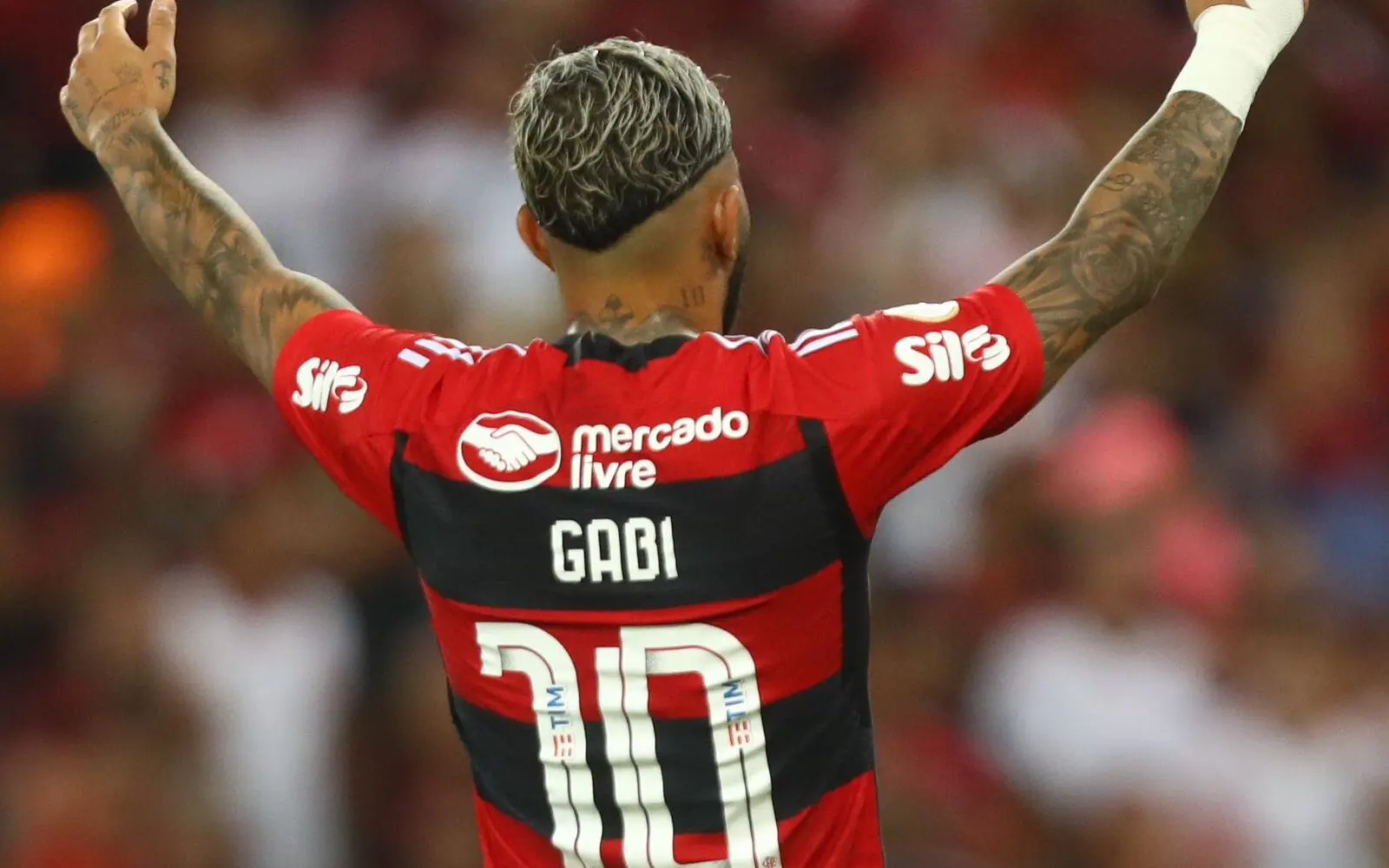 Gabigol de costas, comemorando um gol com a camisa do Flamengo