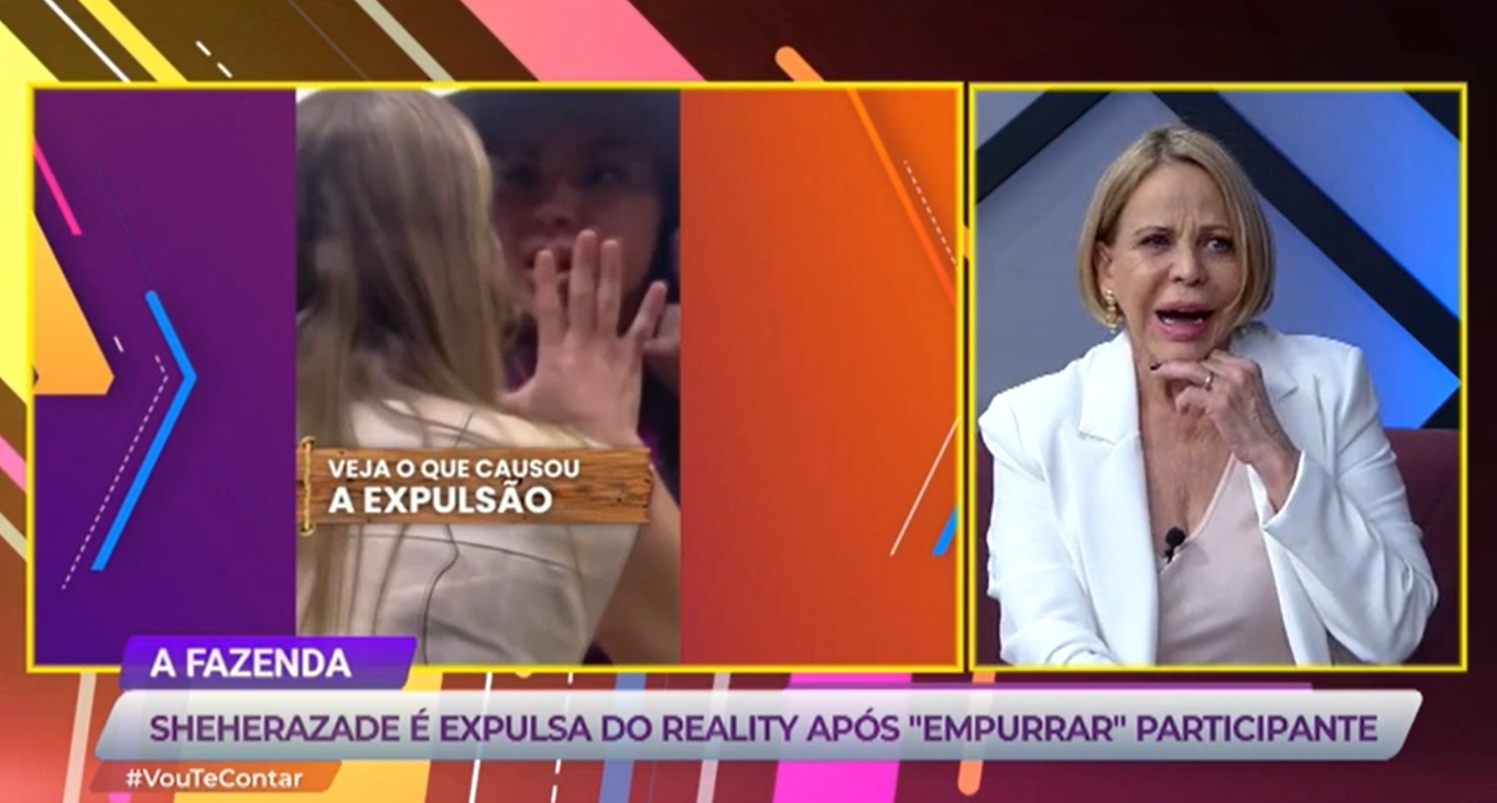 Claudete Troiano comanda o programa Vou Te Contar, exibido ao vivo pela RedeTV. A apresentadora opinou sobre a expulsão de Rachel Sheherazade do reality show A Fazenda 15 (Créditos: Reprodução)